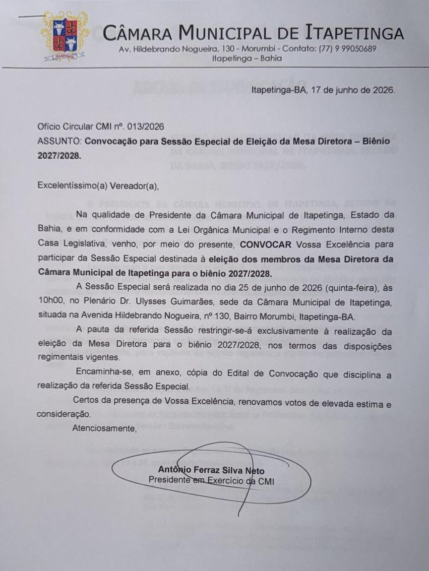 Câmara de Itapetinga publica edital de convocação para eleição da mesa diretora para biênio 2027/2028